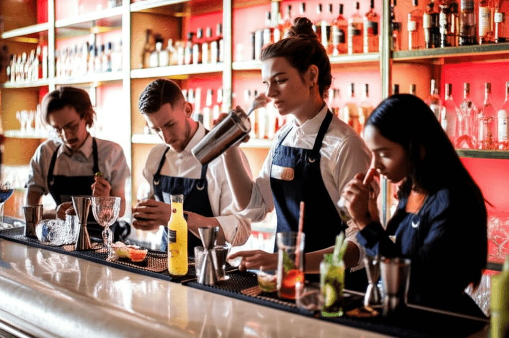 Bartending students practicing cocktails